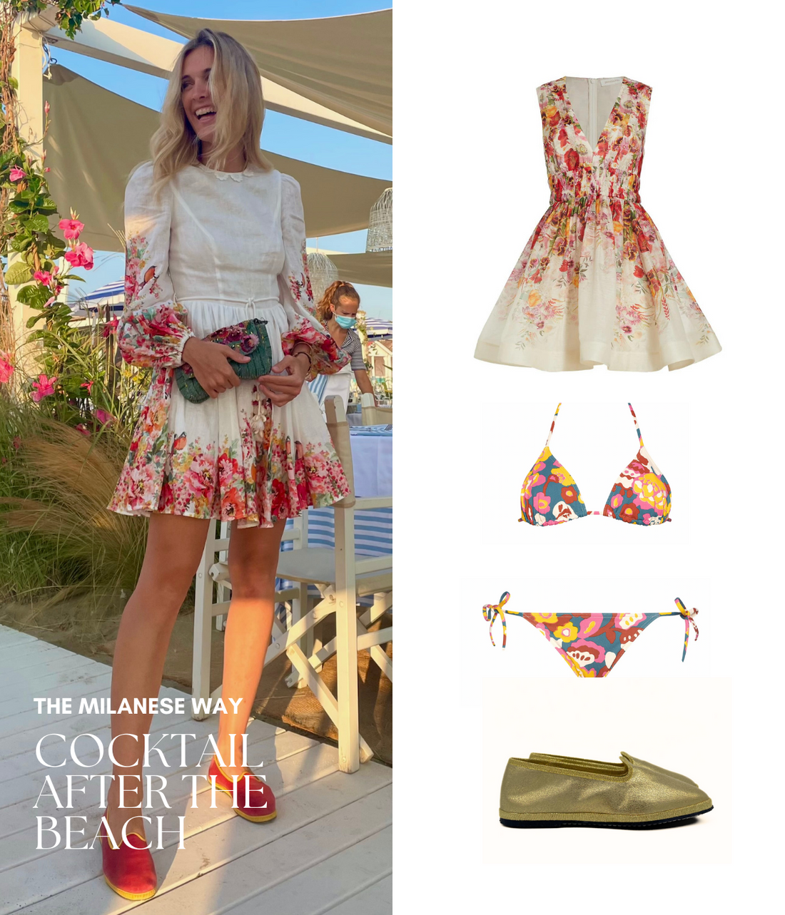 A stylish summer outfit idea including a dress, swimsuits, and shoes for what to wear during a summer weekend.