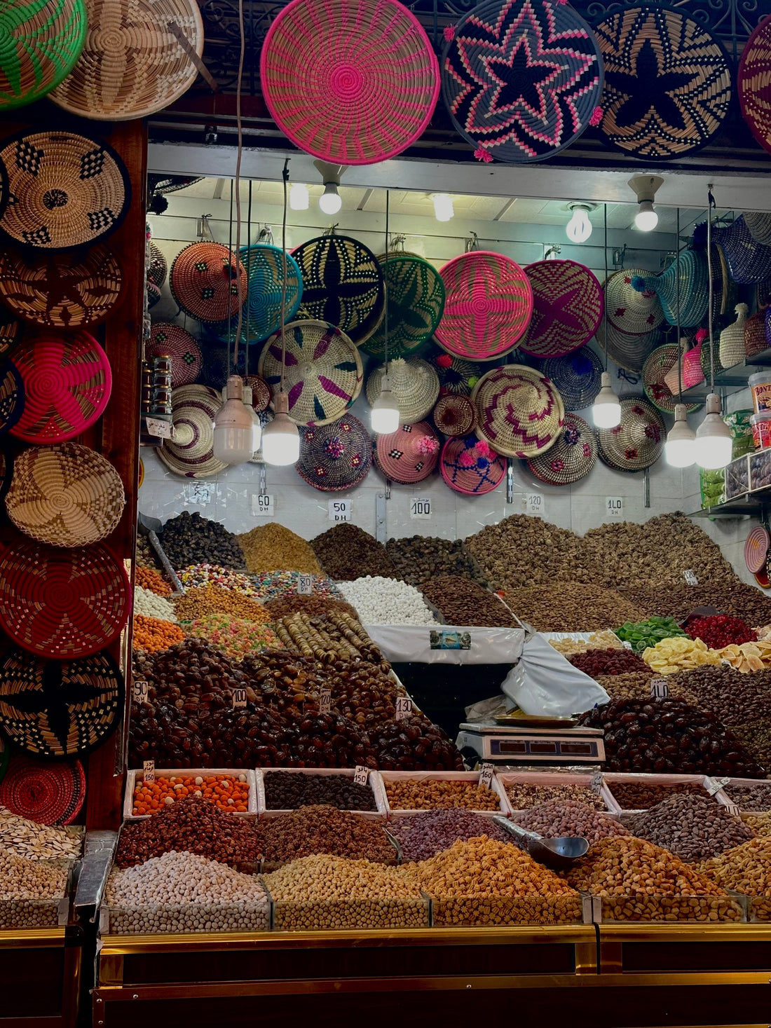Ringing in the New Year in Marrakech and Beyond with colorful spices and woven baskets displayed at a local market.