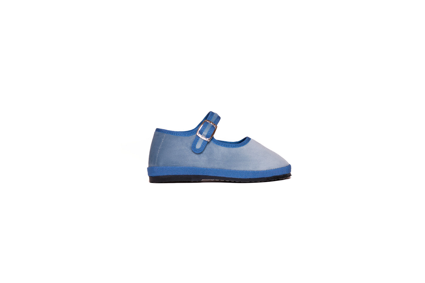 Handcrafted velvet baby slippers in blue with a decorative strap for kids' stylish comfort.