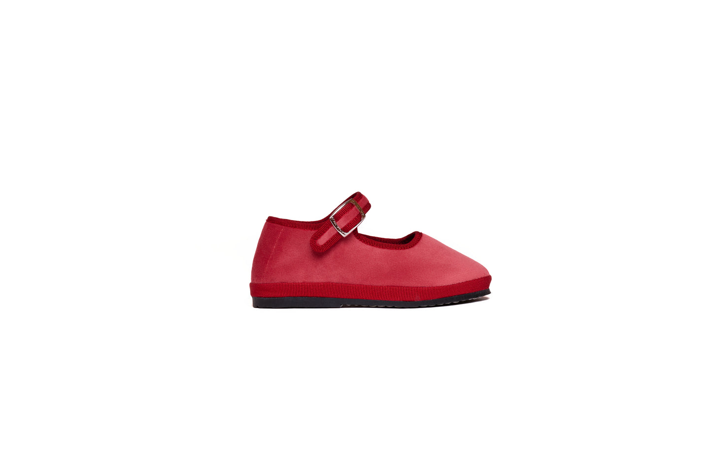 Baby Friulana "Samanna" red handcrafted velvet slippers with strap, perfect for style and comfort.