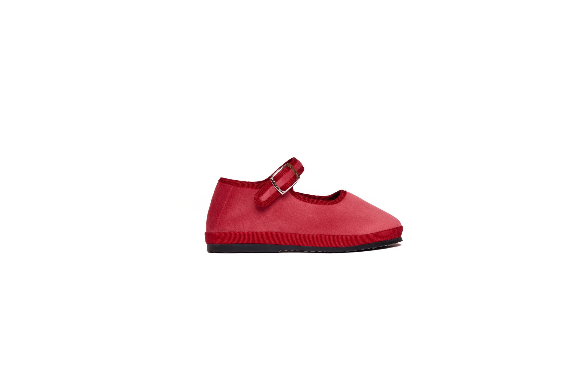 Baby Friulana "Samanna" red handcrafted velvet slippers with strap, perfect for style and comfort.